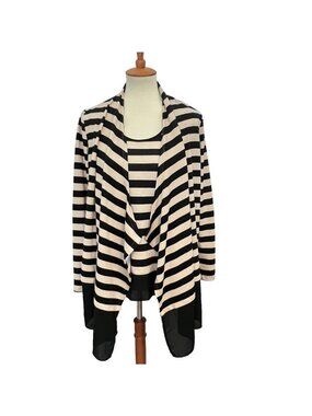 Vtg Liz Lange Open Cardigan and Top PS  2 Piece Knit Black Beige Striped Stretch